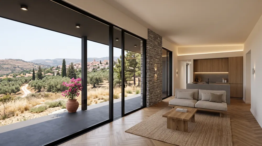 Heliohaus living room: herringbone parquet, stone wall and a view of olive terraces