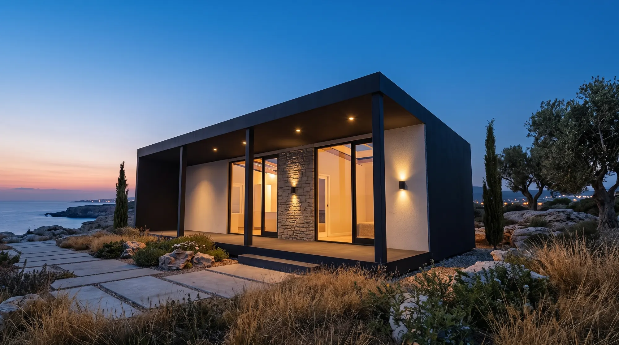 Heliohaus above the sea at dusk, light in the panoramic windows