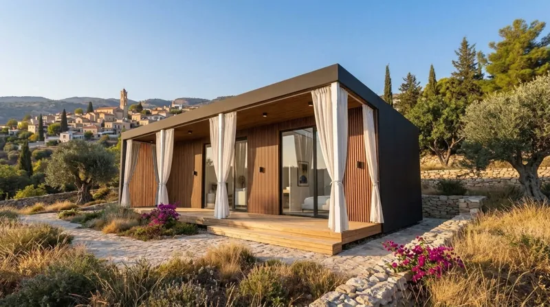 Heliohaus в графите и дереве с белыми льняными шторами